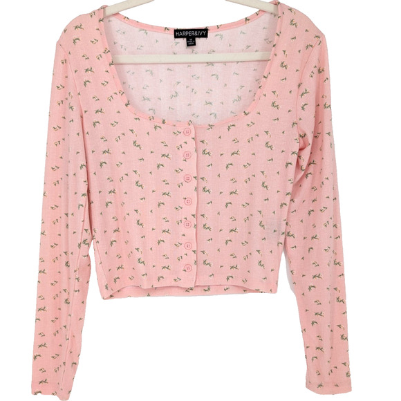 Pink Floral Coquette Dainty Scoop Neck Cropped Pointelle Ribbed‎ Prairie Y2K Top - Picture 2 of 9
